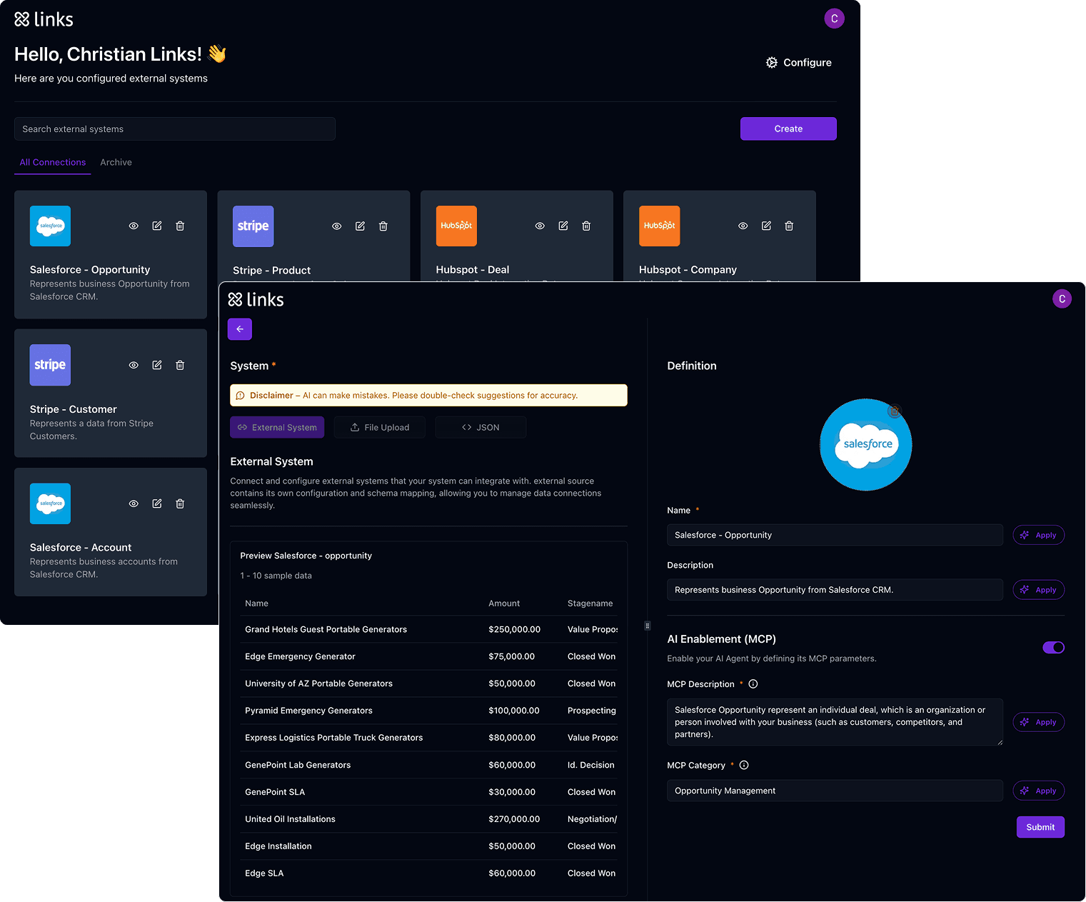 Links Connect: configured external systems and AI Enablement (MCP) settings for a Salesforce source