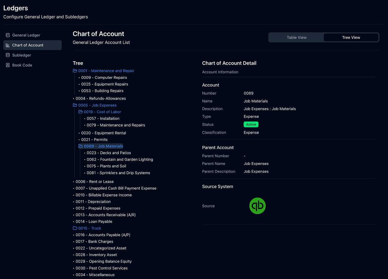 Links general ledger connection and chart of accounts sync