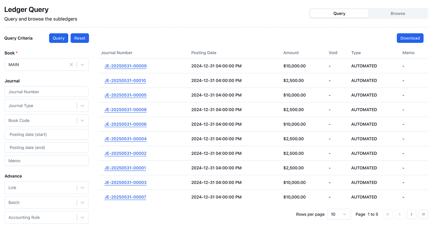 Links ledger query with filters by subledger, book code and date